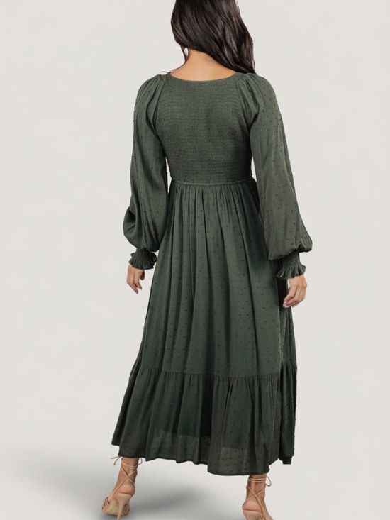 Baltic Born Lainey Smocked Dotted Midi Dress | Deep Olive Size SS - Picture 4 of 5